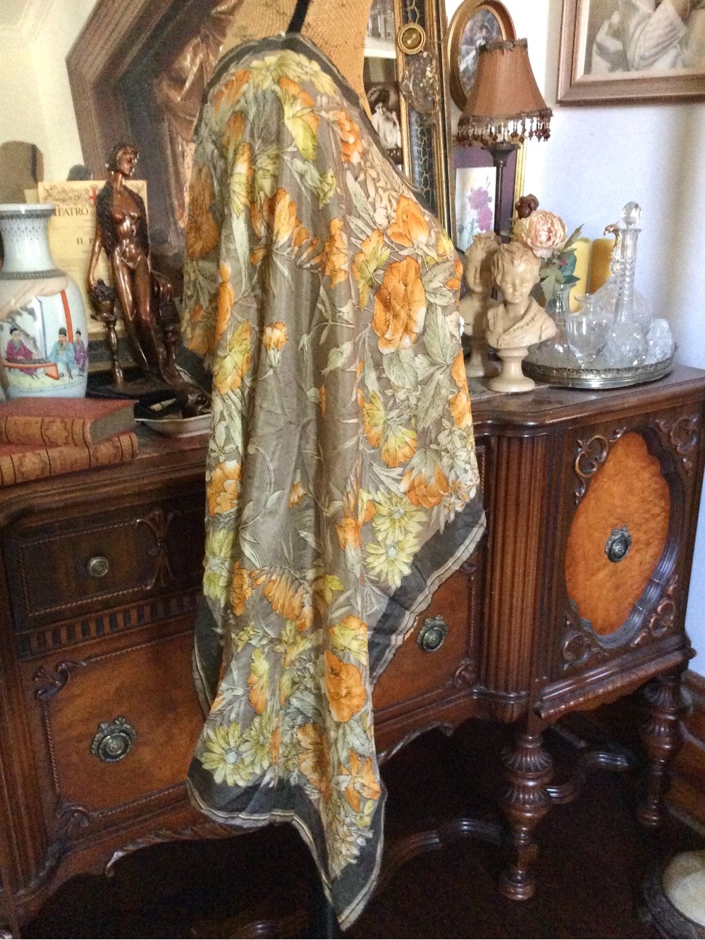 Vintage Silk Autumn Fall Themed Boho Gypsie Hippie Floral Shawl Scarf